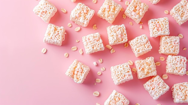 Vista superiore di un dessert di cereali di riso croccante a forma di marshmallow fatto in casa con uno sfondo rosa e spazio di scrittura AI generativa