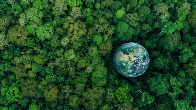 Vista superiore di un grande globo tra i boschi con uno spazio vuoto un concetto di salvare la terra AI generativa