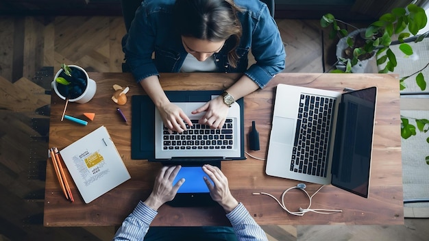 Vista superiore di un graphic designer che lavora con un tablet grafico e un portatile