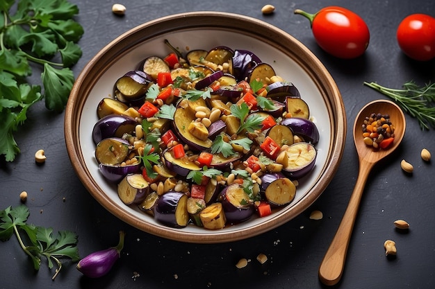 Vista superiore di un'insalata di melanzane arrostite in una ciotola di olio, un cucchiaio di legno, diverse spezie, melanzane su un arco scuro.