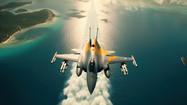 Vista superiore di un jet da combattimento militare che vola sopra il mare bellissima costa sullo sfondo Jet trail dietro l'aereo Territorio pattuglia manovre militari volo di addestramento rendering 3D