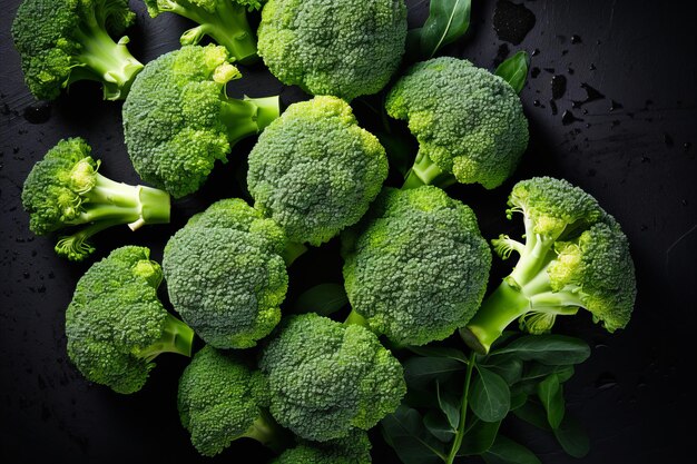 Vista superiore di un mucchio di broccoli verdi freschi su un tavolo di pietra sullo sfondo di verdure organiche sane