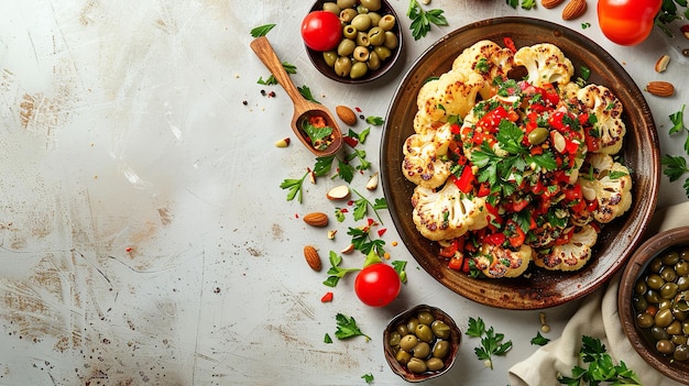 Vista superiore di un piatto marrone con spazio per il testo e uno sfondo bianco adornato con bistecche di cavolfiore arrosto, peperoncino rosso, olive, melanzane e lattuga Generative AI