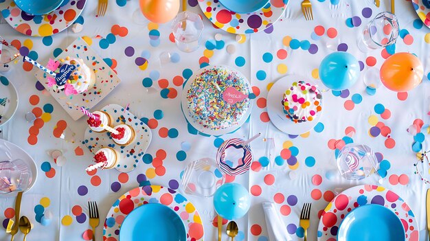 Vista superiore di un tavolo allestito per una festa di compleanno dei bambini Il tavolo è coperto da una tovaglia bianca con puntini colorati