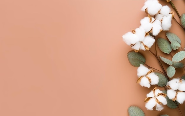 Vista superiore di un tavolo colorato con una composizione piatta di fiore di cotone bianco e soffice asciugato