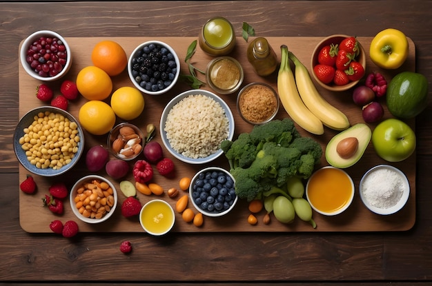 Vista superiore di un tavolo di legno contenente cibi sani, frutta, insalata e verdure