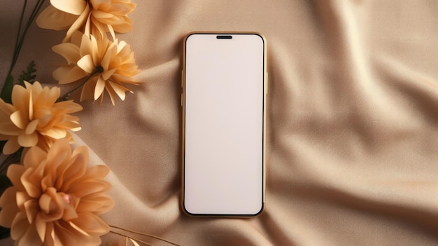 Vista superiore di un telefono cellulare a schermo vuoto e un fiore di papavero su un tessuto dorato