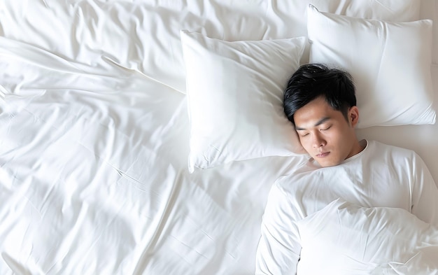 Vista superiore di un uomo coreano che dorme in un letto bianco con uno spazio vuoto AI generativa