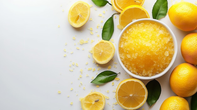 Vista superiore di una ciotola di limonata con limoni su una superficie bianca con uno spazio vuoto