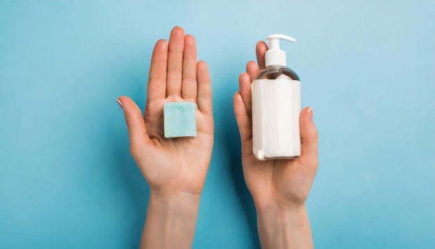 Vista superiore di una donna con le mani su un sapone e una bottiglia vuota su sfondo blu con spazio di copia