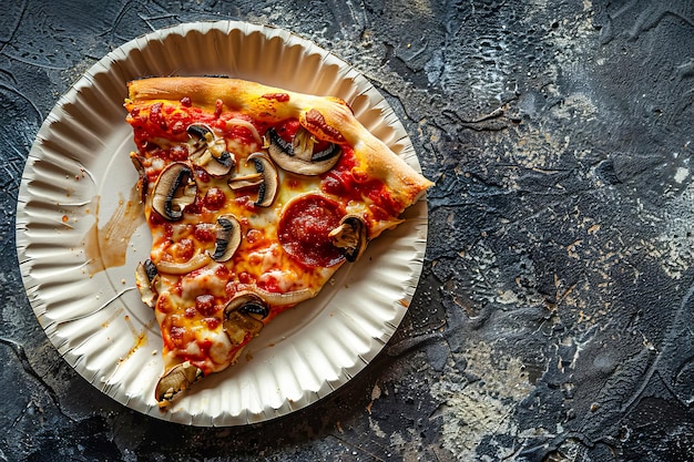 Vista superiore di una fetta di pizza con funghi su un piatto di carta generato dall'AI