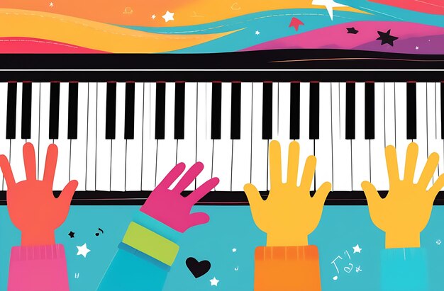 Vista superiore di una mano su una tastiera da pianoforte per bambini Piccola mano di un bambino sulla tastiera di un pianoforte Concepto educativo per bambini