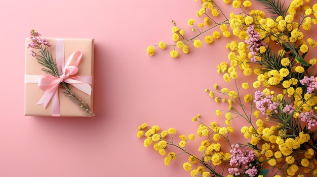 Vista superiore di una superficie pulita decorata con fiori di mimosa e una scatola regalo con spazio per testo o prodotto AI generativa