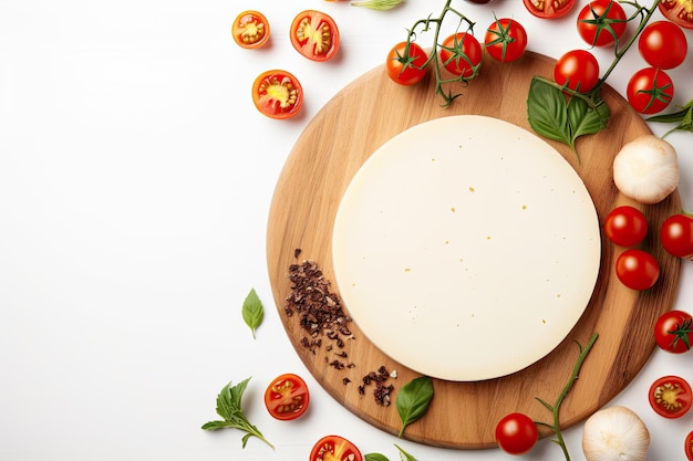 Vista superiore di una tavola rotonda da taglio in legno con pomodori di ciliegio, fette di formaggio e spezie su un ba bianco