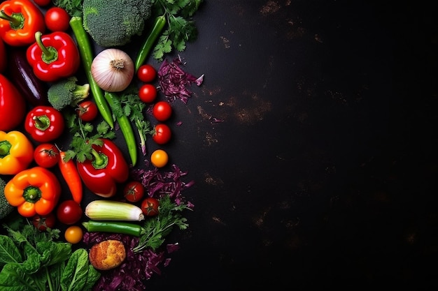 Vista superiore di verdure fresche con verdi al buio