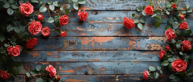 Vista superiore disegno piatto con spazio per il tuo testo sullo sfondo di tavole di legno disordinate in stile rustico Rose in alto Vista anteriore Spazio di copia