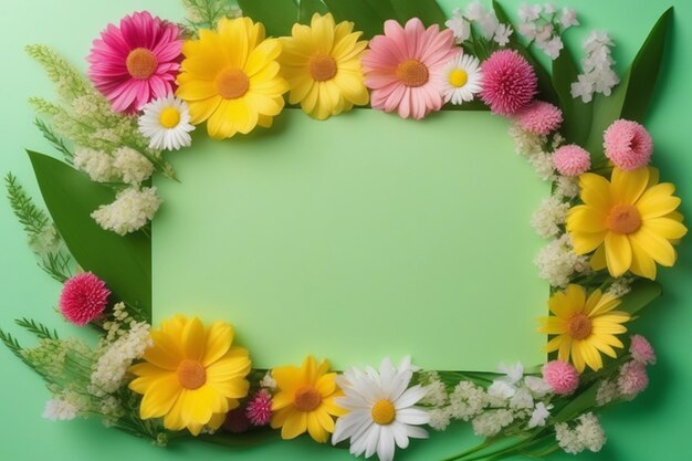 Vista superiore felice sullo sfondo verde e la disposizione dei fiori su carta bianca con sfondo chiaro