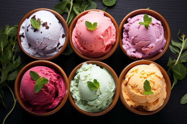 Vista superiore gelato al cioccolato alla vaniglia e alla fragola con foglia verde su uno sfondo bianco