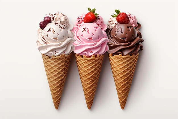 Vista superiore gelato al cioccolato alla vaniglia e alla fragola e foglia verde su uno sfondo bianco