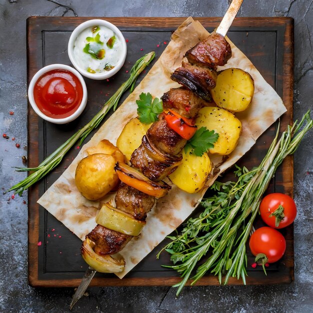 vista superiore kebab di carne con patate e verdure alla griglia con salsa sulla tavola