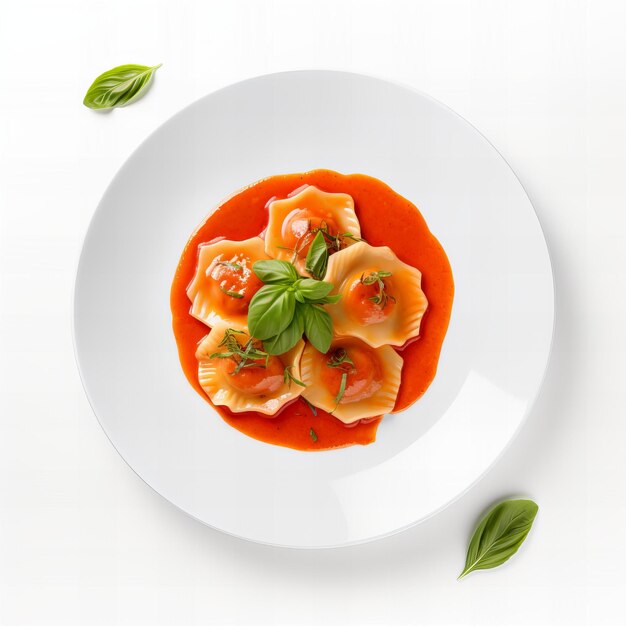 Vista superiore minimalista di un ravioli di aragoste isolato con salsa di basilico di pomodoro