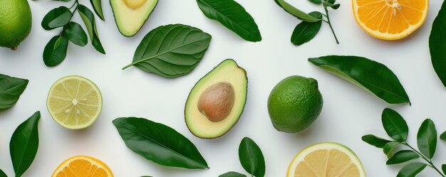 Vista superiore piatta con foglie verdi, avocado, limone su sfondo bianco