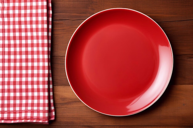 Vista superiore su sfondo colorato piatto rosso rotondo vuoto su tovaglia per il cibo piatto vuoto sul tovaglio wi