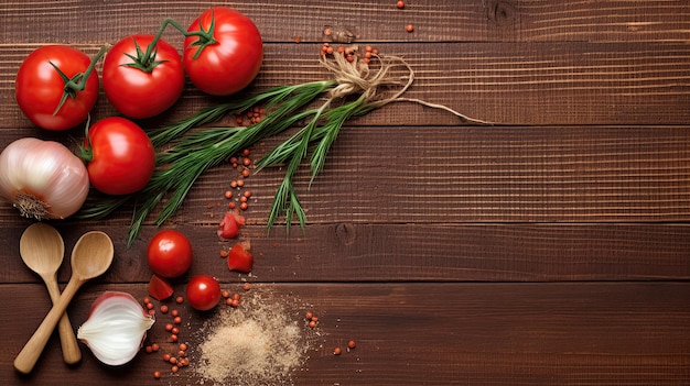 Vista superiore un cucchiaio di legno e spezie su burlap accompagnano grandi pomodori rossi contro uno sfondo di legno che offre spazio di copia