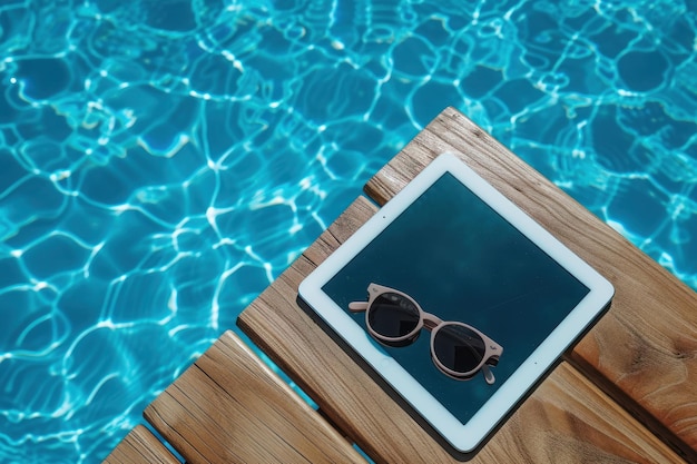 Vista superiore Vacanze estive con tablet a schermo vuoto e occhiali da sole in piscina