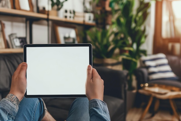 vista tagliata di un uomo che tiene in mano un tablet digitale con uno schermo vuoto a casa