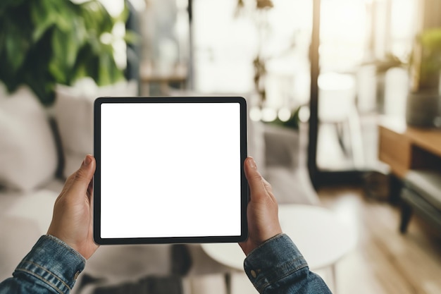 vista tagliata di un uomo che tiene in mano un tablet digitale con uno schermo vuoto a casa