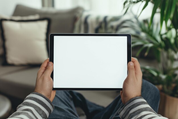 vista tagliata di un uomo che tiene in mano un tablet digitale con uno schermo vuoto a casa