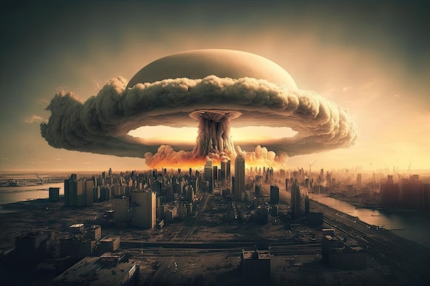 Vista terrificante del fungo atomico che si innalza sopra lo skyline della città creato con l'IA generativa