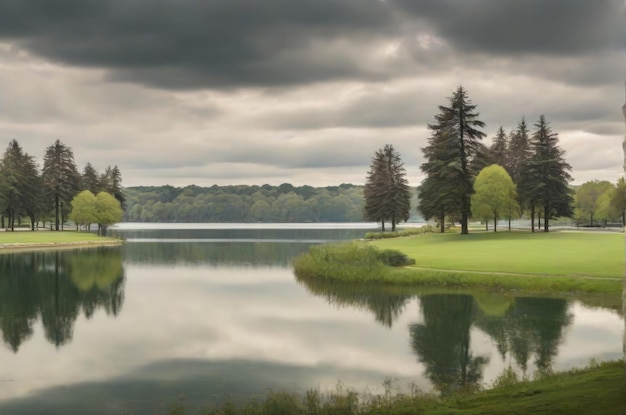 Vista tranquilla di un parco con un lago e alberi in una giornata nuvolosa