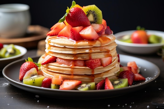 Vista verticale di pancake al tofu vegano con frutta su un piatto bianco