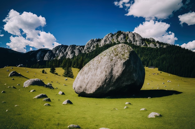 Vista verticale di un masso sull'erba con un cielo blu nuvoloso sullo sfondo