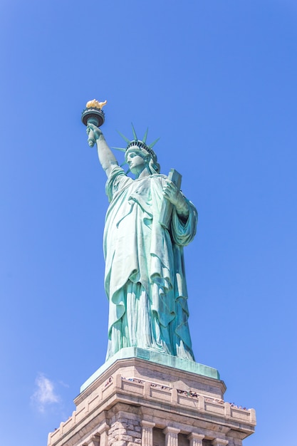 Vista vicina della statua della libertà sopra cielo blu