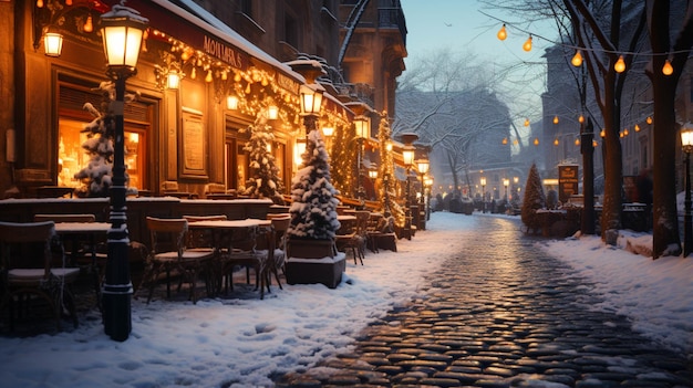 Vista vuota della via di Roma all'alba della neve