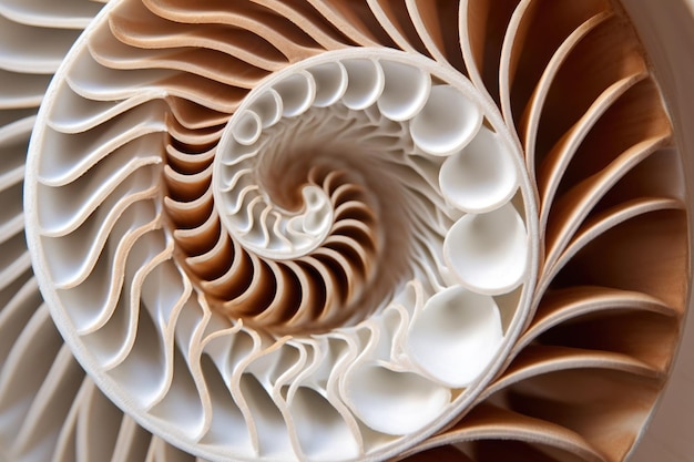 Vista zoomed di un modello di conchiglia di nautilus a spirale creato con AI generativa