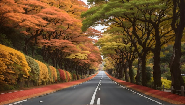 Viste AI generative della strada insieme al tunnel degli alberi durante la stagione autunnale