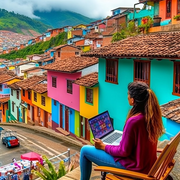 Viste digitali L'iconica Guatap Colombia fusa con un laptopUtilizzando una donna che mette in mostra il colorato