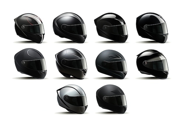 Viste diverse dei caschi da motociclista su sfondo bianco lato posteriore anteriore superiore