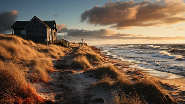 viste sulla spiaggia, sul mare, sulle dune di sabbia e sulle case con la bellezza dell'alba