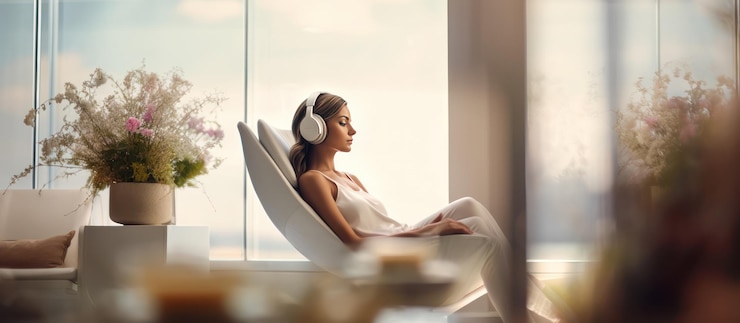 Foto visto da un lato donna a casa o in albergo che ascolta musica seduta su una sedia pieghevole