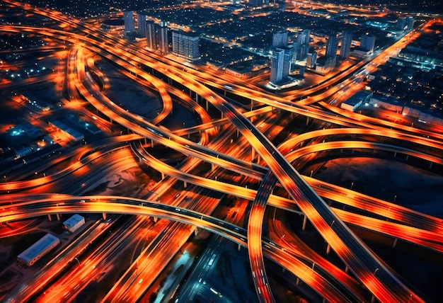 Visto dall'alto, un'intricata distesa di autostrade interstatali che si intersecano mostra le intricate linee di vita del trasporto moderno e della connettività