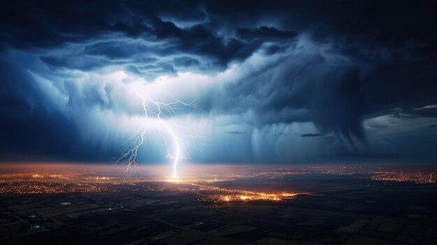 Visto dall'alto, una feroce tempesta di fulmini copre un'ampia regione creando una vista mozzafiato.