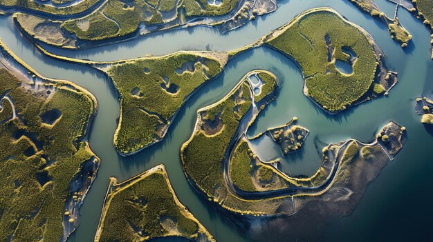 Visuale aerea generativa dell'IA di corsi d'acqua labirintici foto di droni di bellissimi paesaggi