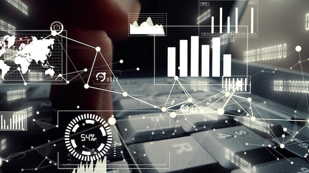 Visuale creativa dei big data aziendali e dell'analisi finanziaria sul computer che mostra il concetto di metodologia decisionale di investimento statistico fintech e ingegneria finanziaria