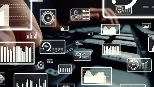 Visuale creativa dei big data aziendali e dell'analisi finanziaria sul computer che mostra il concetto di metodologia decisionale di investimento statistico fintech e ingegneria finanziaria