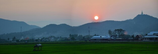 Visualizza il paesaggio agricolo e il campo di risone nel prato della fattoria del paesaggio urbano campagna rurale e collina di montagna per i thailandesi visita di viaggio all'alba mattutina nella città di Mae Khachan a Chiang Rai Thailandia